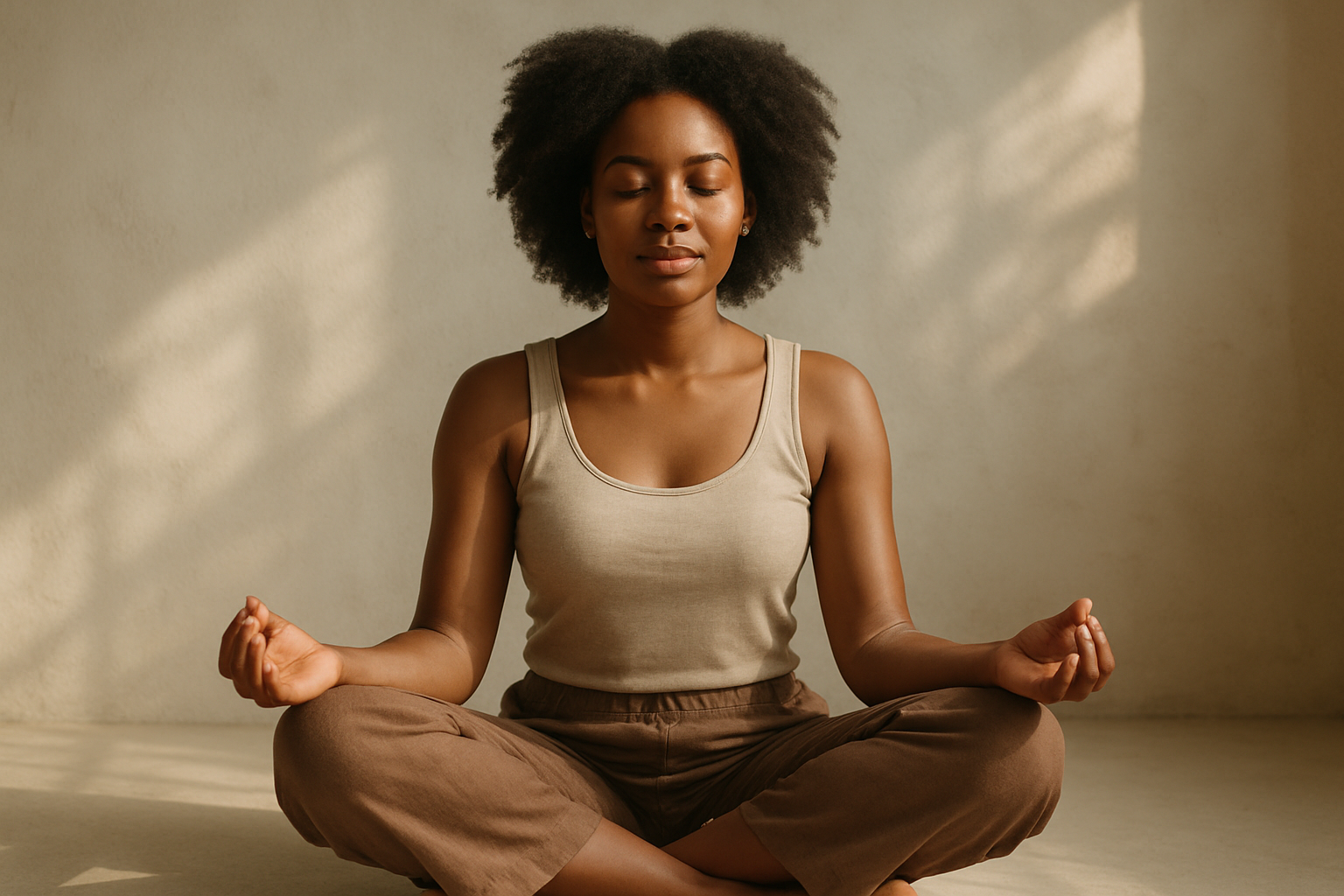 black woman sitting down crossed legs as in meditation